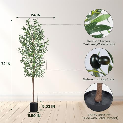 6FT Synthetic Olive Tree - 72-inch Fake Silk Potted Plant with Sensible Trunk, 648 Leaves, and 24 Fruits for Fashionable Indoor Dwelling and Workplace Decor (Single Pack)