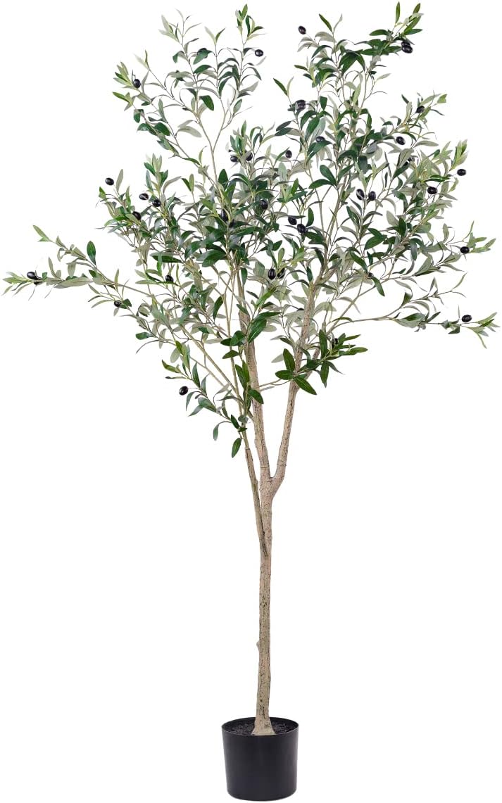 6FT Tall Fake Silk Olive Tree with Potted Branches, Leaves, and Fruits for Trendy Indoor House Decor