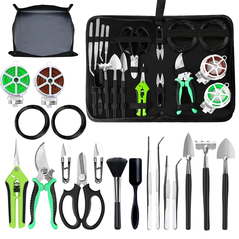 Bonsai Tree Equipment: 20-Piece Gardening Software Set with Bonsai Wire (262 Ft), 29.5″x29.5″ Repotting Mat, Bonsai Scissors, Pruning Shears, and Extra