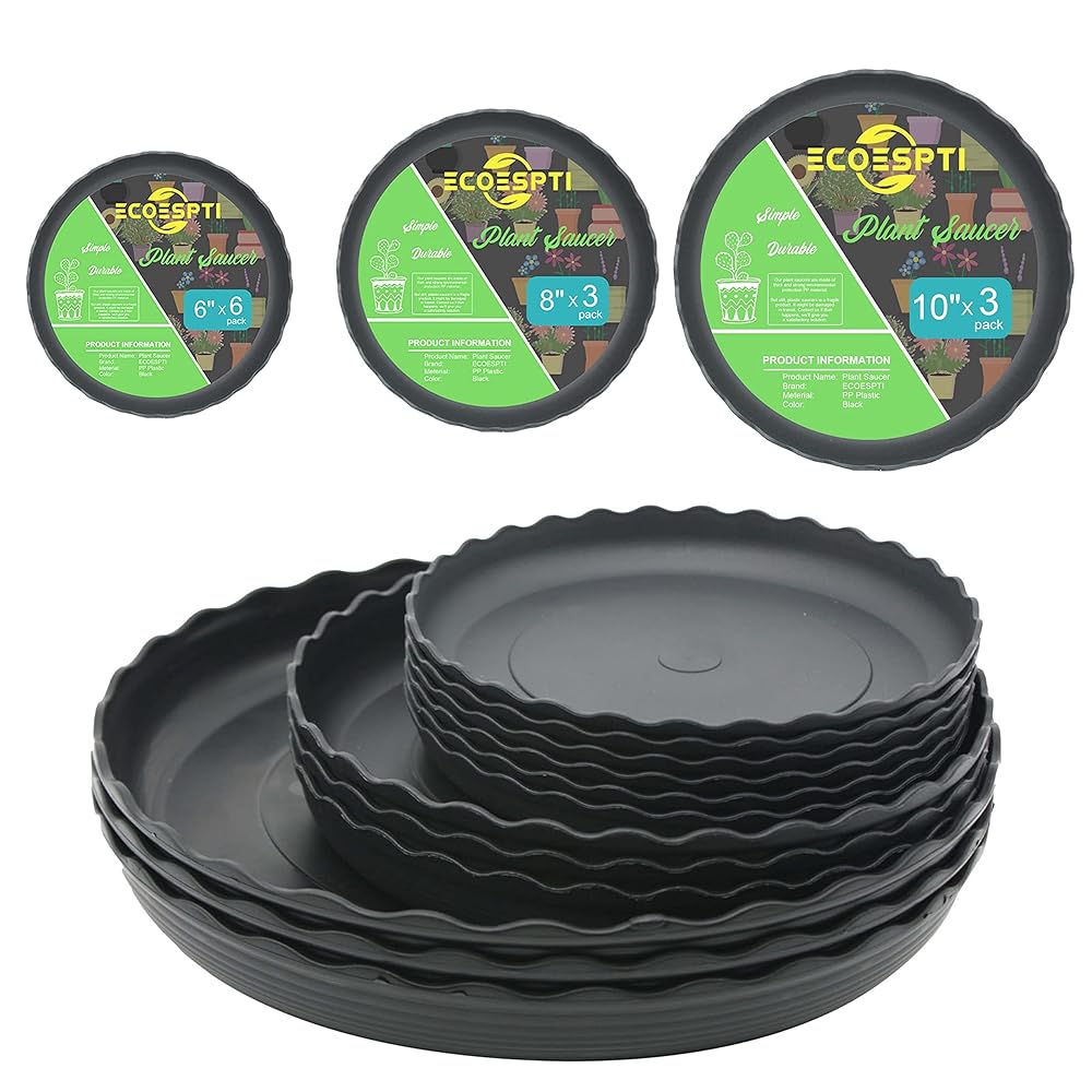 Set of 12 Plant Saucers – Sturdy Black Spherical Plastic Trays in 6, 8, and 10 Inch Sizes, Preferrred Drip Trays for Indoor and Out of doors Gardening