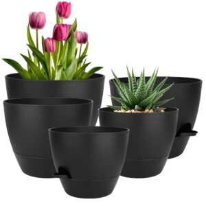 Set of 5 Self-Watering Plant Pots (10/9/8/7.5/7 Inches) – Plastic Planters with Drainage Holes and Saucers for Indoor and Outside Use