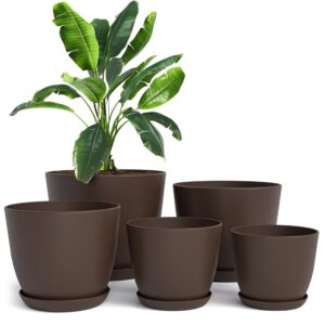 Utopia House Indoor Flower Pots with Drainage – Set of 5 Plastic Planters in Sizes 7″, 6.6″, 6″, 5.3″, and 4.8″ for Indoor Crops and Cacti – Excellent House Decor