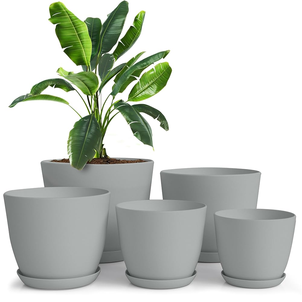 Utopia Dwelling – Indoor Flower Pots with Drainage – Set of 5 Plastic Planters (Sizes: 7/6.6/6/5.3/4.8 Inches) for Indoor Vegetation and Cacti – Excellent Dwelling Decor