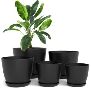 Utopia Dwelling – Indoor Plant Pots with Drainage – Set of 5 Plastic Flower Pots (Sizes: 7, 6.6, 6, 5.3, 4.8 Inches) for Dwelling Decor – Splendid for Indoor Crops and Cacti