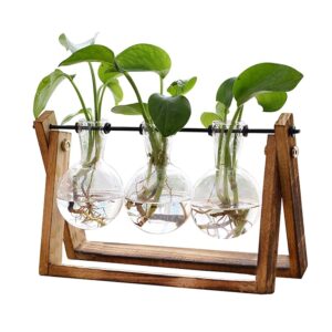 XXXFLOWER Plant Terrarium with Picket Stand – Retro Tabletop Air Planter Bulb Glass Vase with Metallic Swivel Holder for Hydroponics House Backyard Workplace Decor – 3-Bulb Design